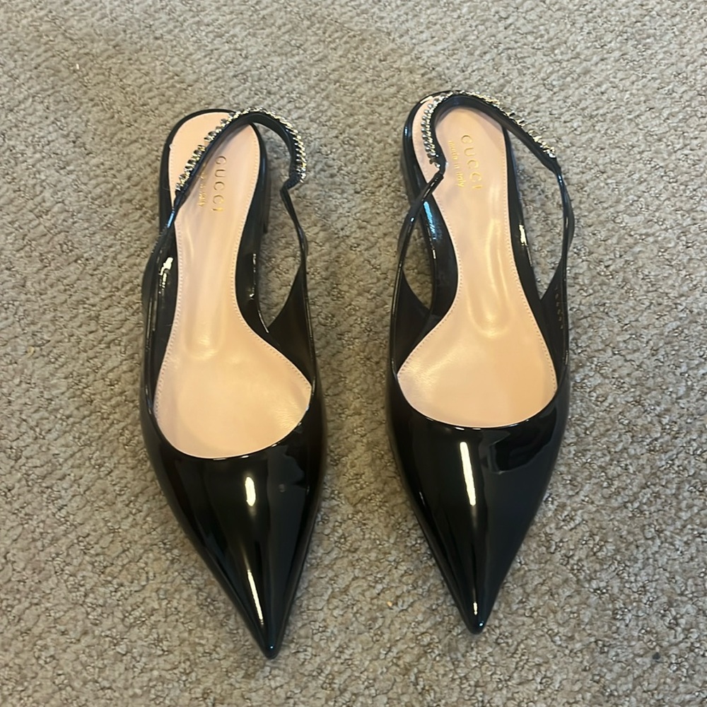 NWT Gucci Black Patent Leather Pointed Toe Slingback Flats